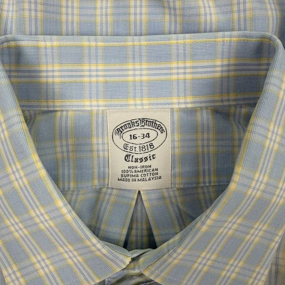 Brooks Brothers Dress Shirt Mens 16-34 Classic Fit Blue Yellow Supima Cotton - Picture 10 of 13